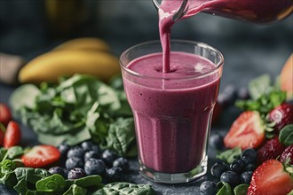 Close up of pink healthy smoothie drink being pured into a glass. Generative Ai, AI generated