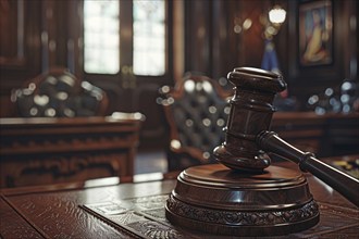 Close up of brown wooden judge gavel in courtroom. Generative Ai, AI generated