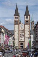 St Kilian's Cathedral with lively Domstrasse, Würzburg, Lower Franconia, Bavaria, Germany, Europe