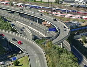 Motorways, elevated road traffic, road traffic and railway station, Innsbruck, Tyrol, Austria,