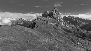 The peaks Sas Rigais and Furchetta of the Geisler group, drone image, black and white image, Val