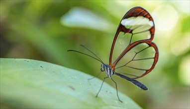 Glasswing butterfly (Greta oto), butterfly with transparent wings sitting on a leaf, Alajuela