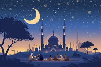 Essence of Ramadan, featuring people gathered and eating near a mosque under a starry night sky,