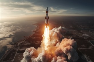 Aerial view of a rocket launch at sunrise sunset over an ocean coast. The rocket is blasting off