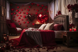 A cozy bedroom adorned with red and white heart-shaped balloons, rose petals, and candles creating