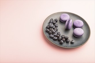 Purple macarons or macaroons cakes with blueberries on ceramic plate on a pastel pink background.