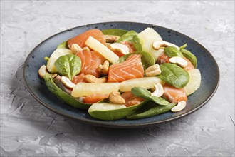 Fresh salmon with pineapple, spinach and cashew on a gray concrete background. Side view, close up