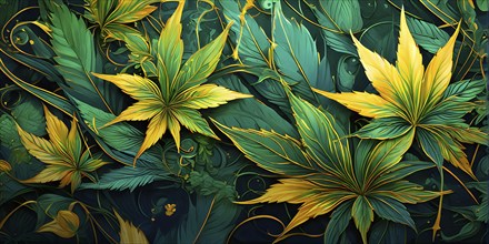 Abstract wallpaper highlighting stylized cannabis leaves in vibrant green and golden colors, AI