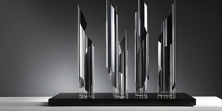 Reflective glass sculptures in abstract forms, AI generated