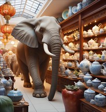 The elephant in the china shop, an elephant in a shop with porcelain and ceramics, AI generated, AI