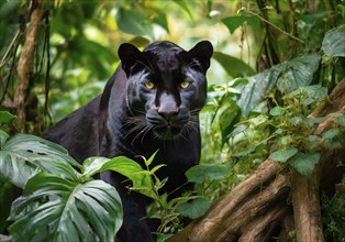 Animal portrait, Black Panther, Jaguar (Panthera onca) in the jungle, AI generated, AI generated