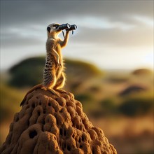 A meerkat peers with binoculars from a termite mound into the African savannah, AI generated, AI