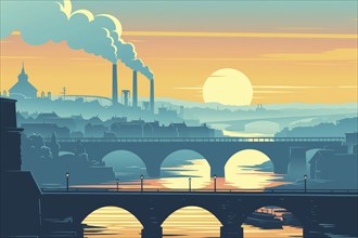 Illustration, graphic of an industrial landscape with bridges over a river, smoking chimneys at