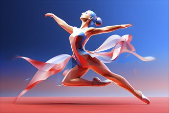 Abstract digital render of an olympic rythm sports gymnast morphing into fluid shapes of french