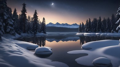 Tranquil winter night scene with a crescent moon and stars shining brightly over a frozen lake,