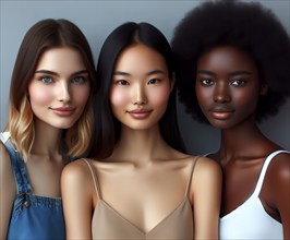 A portrait of three woman of different ethnicities, one European, one Asian and one African, AI