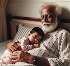 A grandfather has his grandchild, a baby, lying on his stomach and both are sleeping contentedly,