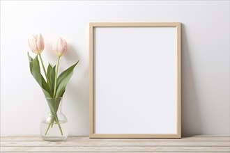 Empty picture frame with pink tulip flowers in front of white wall. KI generiert, generiert AI