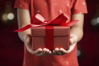 Child's hands holding red Mothers's day or birthday gift box. KI generiert, generiert, AI generated