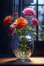 Transparent crystal glass vase with vibrant blooming flowers, AI generated