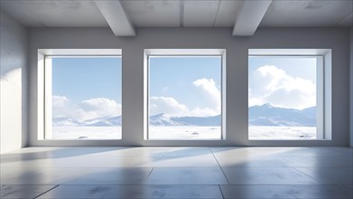 Three dimensional rendering of a futuristic empty room with skylights, AI generated