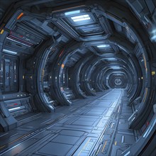 Three dimensional render of futuristic corridor inside a spaceship or space station, AI generated