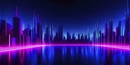 Abstract panoramic neon background with straight vertical glowing lines, AI generated