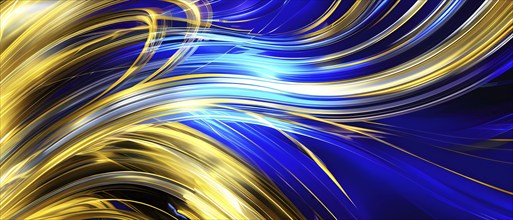 Abstract Illustration of energetic and dynamic swirl of gold, silver, and deep blue hues,