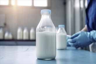 Bottle of milk in laboratory. KI generiert, generiert AI generated