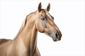 Portrait of beautiful Akhal Teke Horse with shiny golden fur on white background. KI generiert,