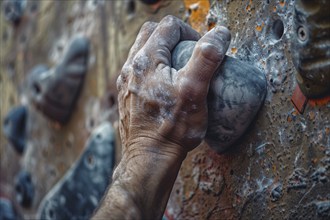 Close up of hand with chalk grabbing grip on artificial rock wall. KI generiert, generiert, AI