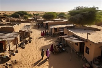 Village with traditional mud houses nestled in the thar desert, AI generated