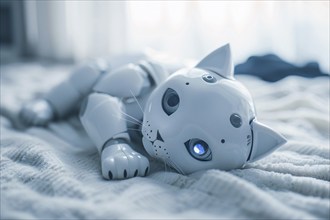 White robotic cat in bed. KI generiert, generiert, AI generated