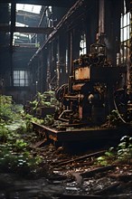 Abandoned factory vines embracing rusted skeletons of machinery whisper of bygone industrial era,