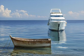 Concept for economic and social inequality showing small poor wooden fishing boat and luxury yacht