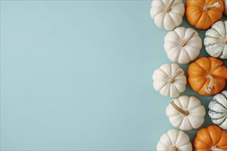 Orange and white pumpkins on pastel blue background with copy space. Generative Ai, AI generated