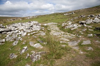 Entrance to the late Bronze age enclosed settlement site of Grimspound, Dartmoor national park,