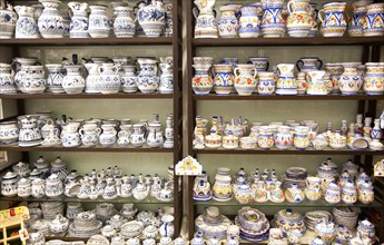 Display of pottery inside Santa Ana ceramic tile shop in Triana, Seville, Spain, Europe