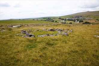 Stone hut circle at the Merrivale ceremonial complex Dartmoor national park, Devon, England, UK