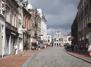 Historic buildings and street view towards the public library, Visstraat, Dordrecht, Netherlands