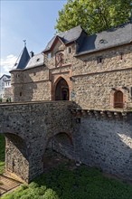 Castle gate, south gate of the medieval Friedberg castle, bridge over castle moat, Hirschgraben,