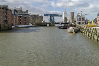 Inland harbour with railway lift bridge of Husum, North Frisia, Schleswig-Holstein, Germany, Europe