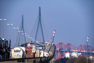 Traffic on the Köhlbrand Bridge in the port of Hamburg, spans the 325 m wide Köhlbrand, an arm of