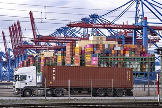 Port of Hamburg, Waltershofer Hafen, container ships, lorries bring and collect freight containers