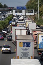 Traffic jam on the A3 motorway, over 8 lanes, in both directions, in front of the Leverkusen