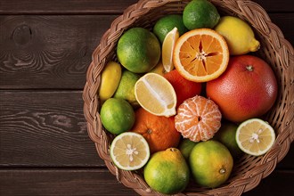 Assortment, citrus fruits, in a basket, close-up, top view, no people