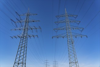 High-voltage pylons of 380 KV and 110 KV high-voltage lines, in Herne, city limits of