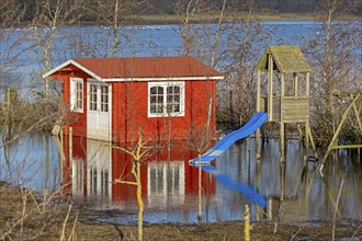 Garden shed and play equipment in the flood, Goldhöft, Geltinger Birk, Gelting, Schleswig-Holstein,