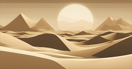 Abstract desert scene with triangular sand dunes and a single circular sun, using sharp lines and