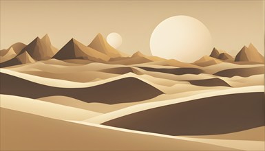 Abstract desert scene with triangular sand dunes and a single circular sun, using sharp lines and